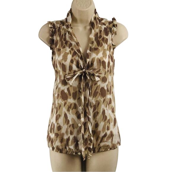 Ann Taylor Loft Tan Brown Animal Print Button Front Top Ruffled Sleeveless Bow - Picture 10 of 16